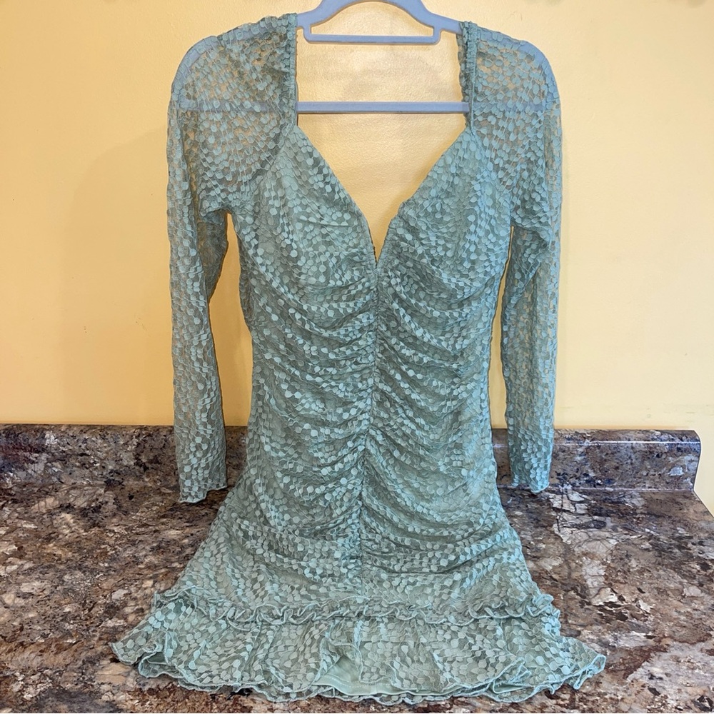 Selfie Leslie XL Olive Lace Rouched Fitted Short Dress With Zipper Long Sleeves